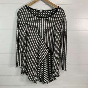 Yushi Tunic Top Womens Medium Black White Striped Polka Dot Button Detail USA